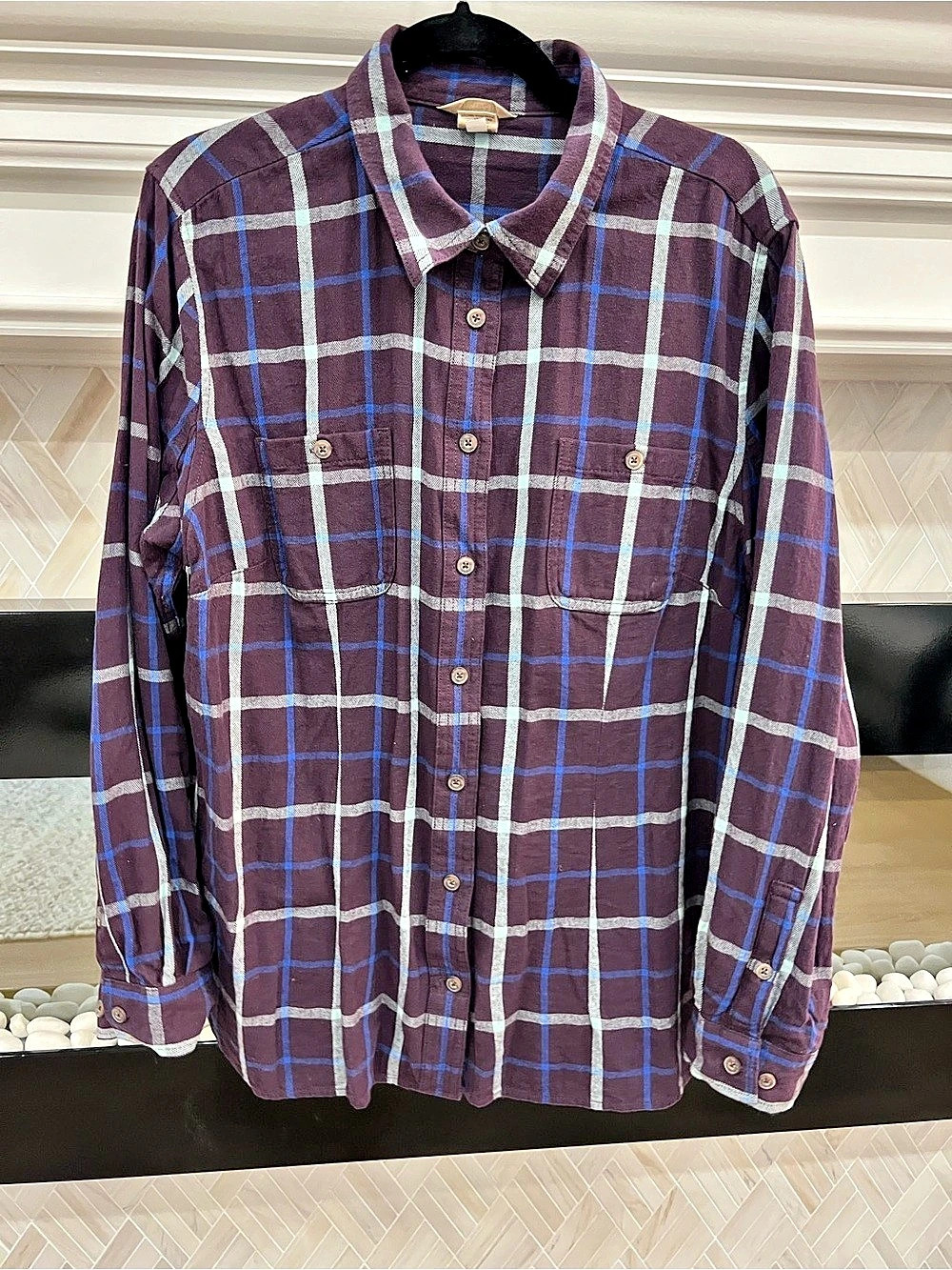 Duluth Trading Co. Purple & Blue Plaid Cotton Button‑Down Shirt Size XL